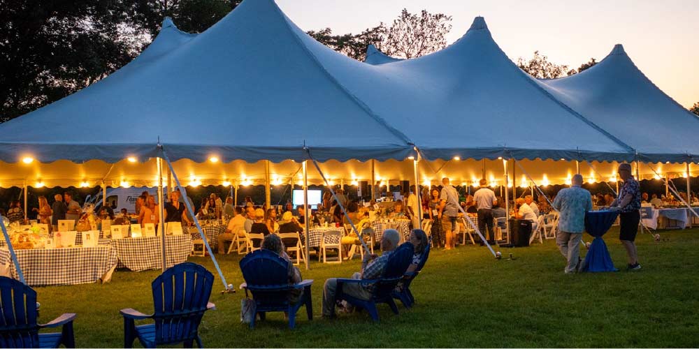 Lighted tents for the 2025 Clambake