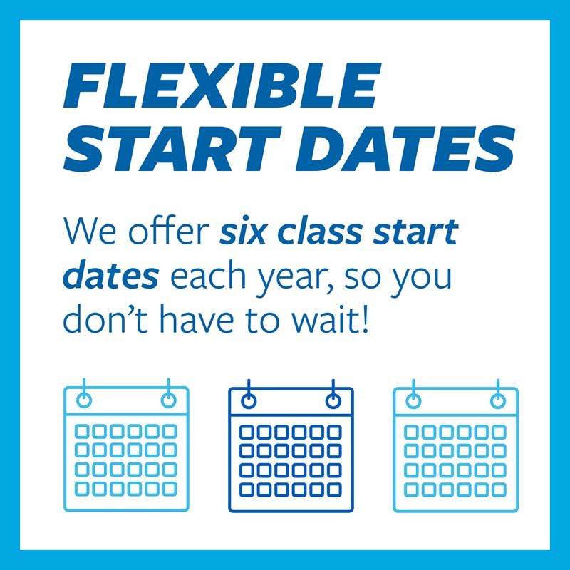 Flexible start dates: We offer six class start dates each year, so you don’t have to wait!