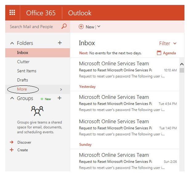 office 365 email expand more link to find deleted items folder